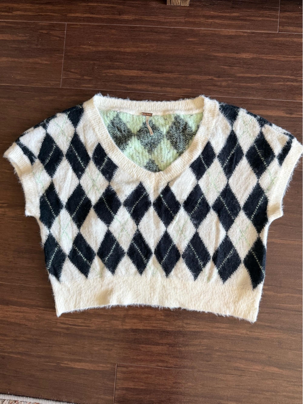 Free People Mint and Black Fuzzy Argyle Sweater Vest